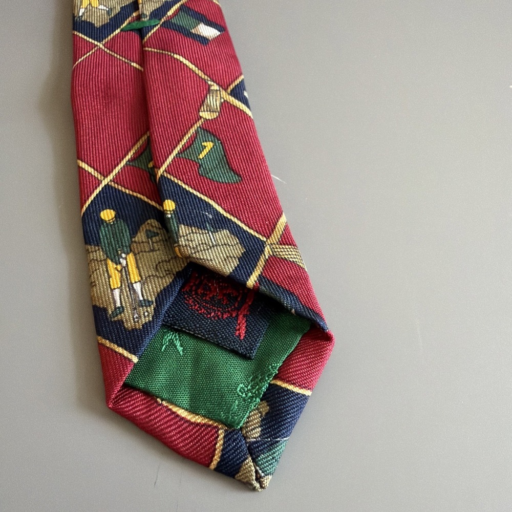 Vintage 1990s Tommy Hilfiger Mens Silk Necktie Golf Design Red Green Blue Golfer - Picture 5 of 6